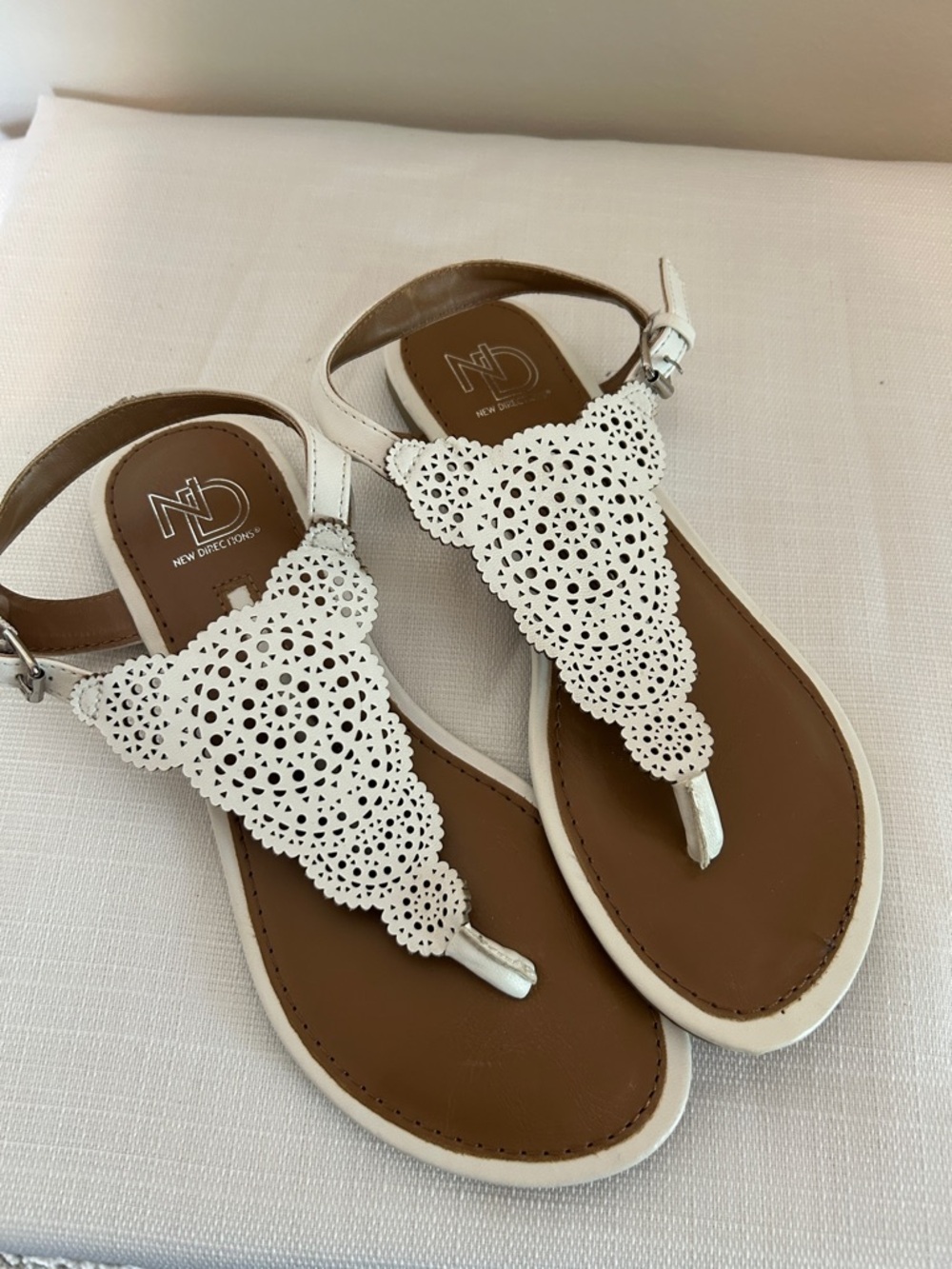 new directions White Laser-Cut T-Strap Sandals